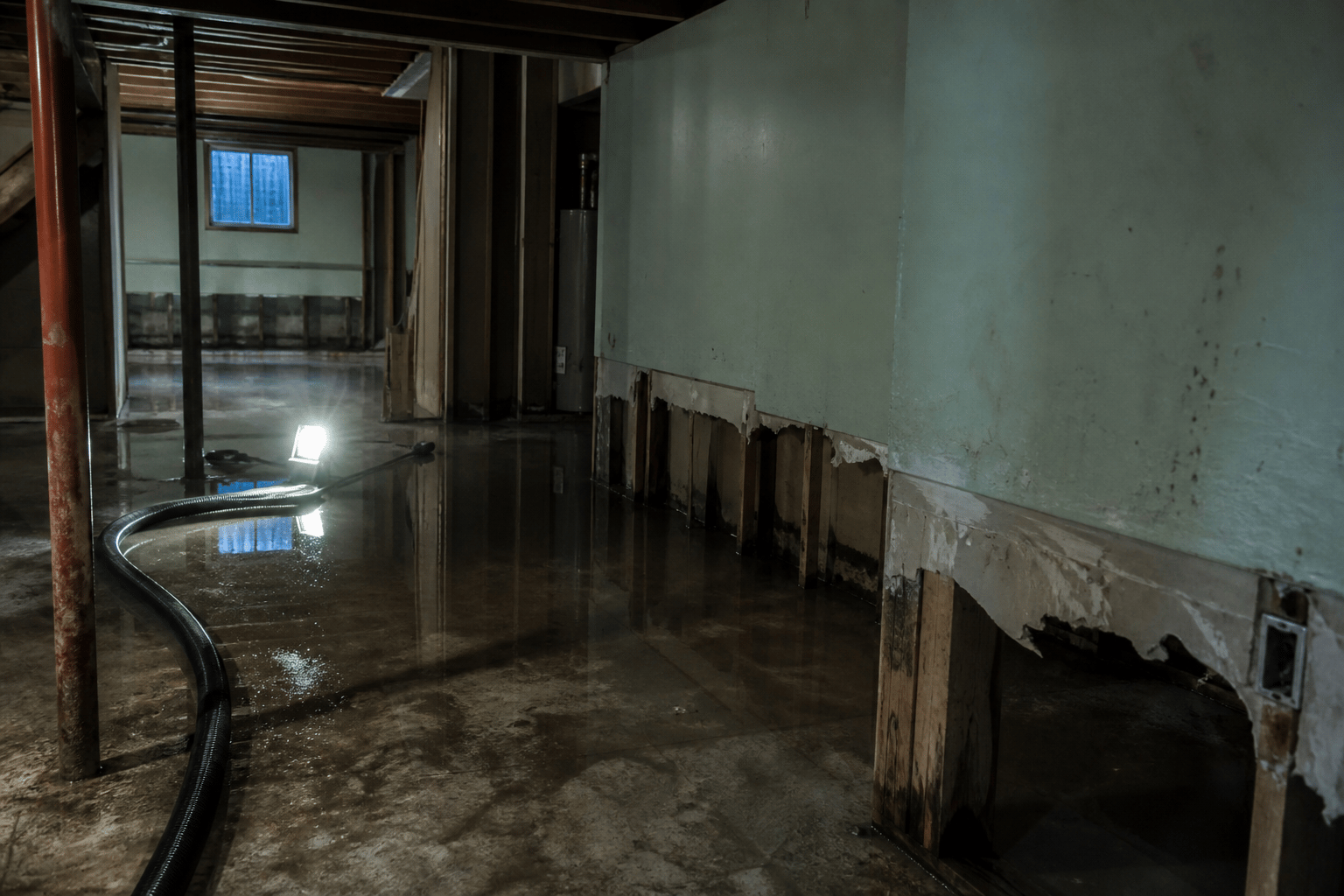 Basement with standing water after a burst pipe, work light reflecting on the floor